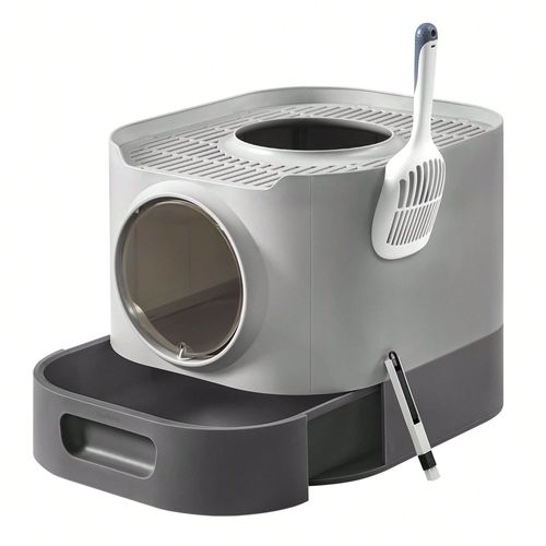 Bac À Litière, Xxl, Avec Couvercle, Plateau Amovible, Pelle, Brosse, Moins De Traces, Fond Anti-Fuite, Gris Tourterelle Et Gris Ardoise