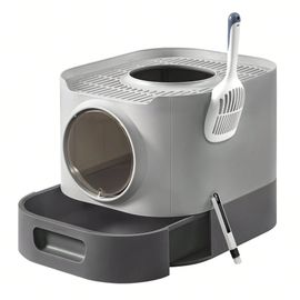 Bac À Litière, Xxl, Avec Couvercle, Plateau Amovible, Pelle, Brosse, Moins De Traces, Fond Anti-Fuite, Gris Tourterelle Et Gris Ardoise