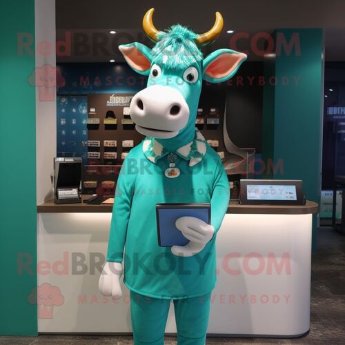 Personnage De Costume De Mascotte Redbrokoly De Vache Jersey Bleu Sarcelle Habillé D'une Jupe Crayon Et De Bandeaux