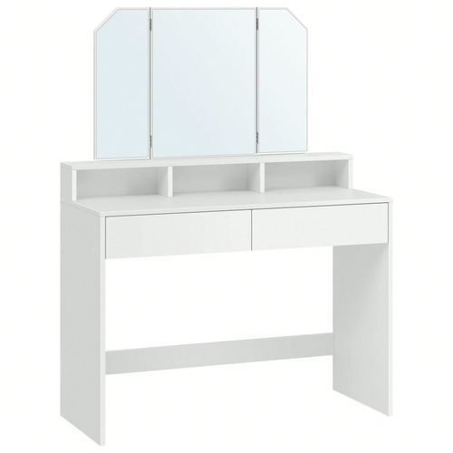 Coiffeuse Avec 3 Miroirs, 2 Tiroirs Et 3 Compartiments De Rangement, Sans Tabouret, 100 X 40 X 142 Cm, Blanc