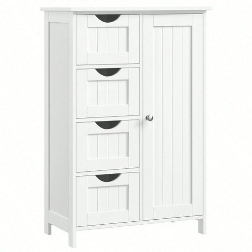 Armoire De Salle De Bain Avec 4 Tiroirs, Porte, Étagère Réglable, 55 X 30 X 82 Cm, Blanc