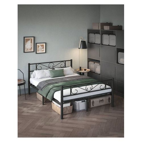 Lit 2 Personnes, En Métal, 140 X 190 Cm, Noir, Pour Petits Espaces, Chambre D'amis, Chambre Ado