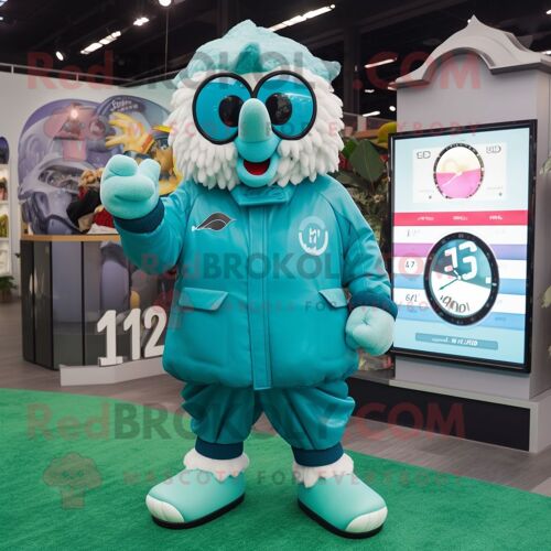 Personnage De Costume De Mascotte Redbrokoly De But De Football Bleu Sarcelle Habillé D'une Parka Et De Montres Numériques