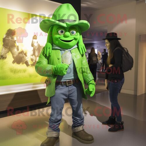 Personnage De Costume De Mascotte Redbrokoly De Chapeau De Lutin Vert Citron Habillé Avec Un Jean Boyfriend Et Des Montres