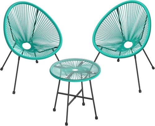 Salon De Jardin Extérieur, Ensemble De 3 Meubles, 2 Chaises, 1 Table Verre Trempé Turquoise