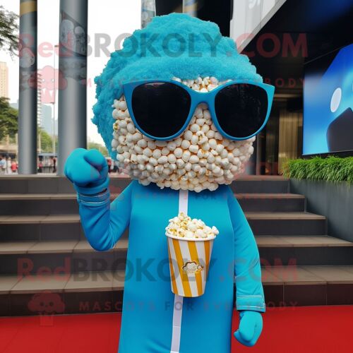 Personnage De Costume De Mascotte Redbrokoly De Maïs Soufflé Bleu Ciel Habillé D'un T-Shirt À Manches Longues Et De Lunettes De Soleil