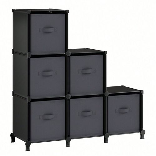 Meuble De Rangement Avec Boîtes, Étagères, Tissu Non-Tissés, Modulable, Extensible, Gain De Place, Chambre, Noir D'encre Et Gris Tourterelle