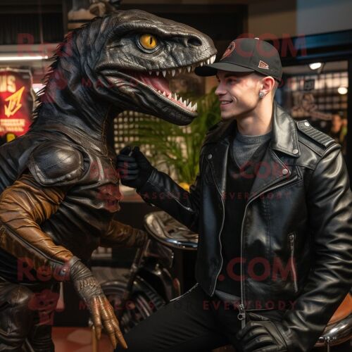 Personnage De Costume De Mascotte Redbrokoly Velociraptor Noir Habillé D'une Veste En Cuir Et De Montres