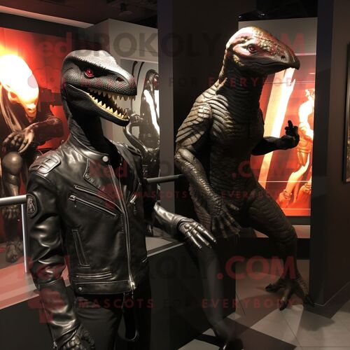 Personnage De Costume De Mascotte Redbrokoly Velociraptor Noir Habillé D'une Veste En Cuir Et De Montres