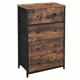 Commode Avec 5 Tiroirs En Tissu, Style Industriel, Marron Rustique Et Noir