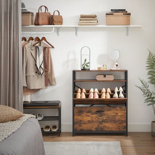 Meuble À Chaussures Avec 2 Abattants, Séparateurs Réglables, 10-16 Paires, 80 X 30 X 95 Cm, Marron Rustique Et Noir