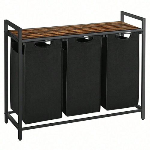 Panier à linge, Corbeille à linge Sale, Rangement 3 compartiments, 3 Sacs Amovibles en tissu Oxford, Marron Rustique et Noir