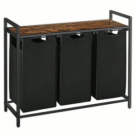 Panier à linge, Corbeille à linge Sale, Rangement 3 compartiments, 3 Sacs Amovibles en tissu Oxford, Marron Rustique et Noir