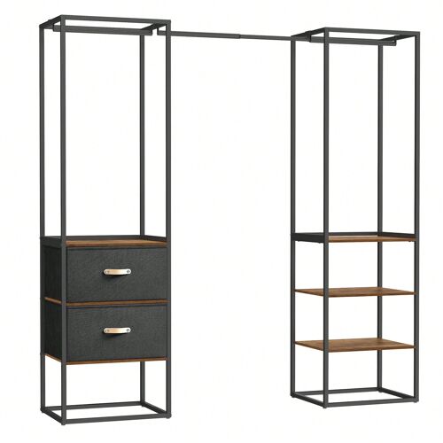 Penderie, Armoire Ouverte, avec 1 Tringle Extensible, 2 Tiroirs et 4 Étagères, Gain de place, Marron Rustique