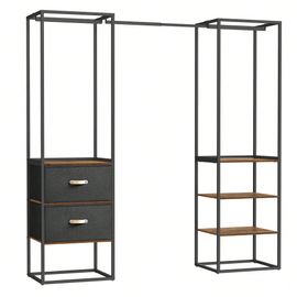 Penderie, Armoire Ouverte, Avec 1 Tringle Extensible, 2 Tiroirs Et 4 Étagères, Gain De Place, Marron Rustique