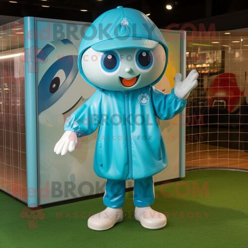 Personnage De Costume De Mascotte Redbrokoly De But De Football Bleu Sarcelle Habillé D'un Imperméable Et De Casquettes
