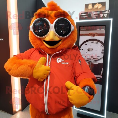 Personnage De Costume De Mascotte Redbrokoly De Poulet Orange Au Parmesan Habillé D'une Veste De Moto Et De Montres Intelligentes