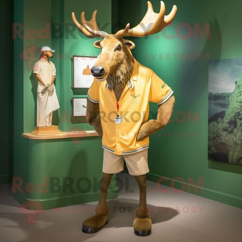 Personnage De Costume De Mascotte Redbrokoly De Wapiti Irlandais Doré Habillé D'un Bermuda Et De Broches