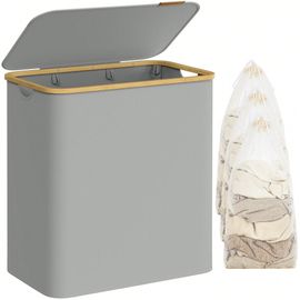 Panier à linge avec couvercle à 3 compartiments, 150L, Sac Amovible, Tissu Oxford, Poignées en bambou, Pliable, 60 x 38,5 x 70,5 cm, Gris Tourterelle