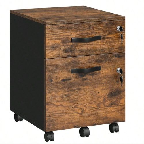 Caisson de bureau à roulettes, Verrouillable, avec 2 Tiroirs, 5 Roulettes, Barre de suspension Réglables, Marron Rustique et Noir d'encre