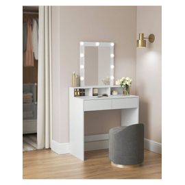 Coiffeuse, Miroir LED, avec miroir, 2 Tiroirs et 3 compartiments, Sans tabouret, Style Moderne, Blanc