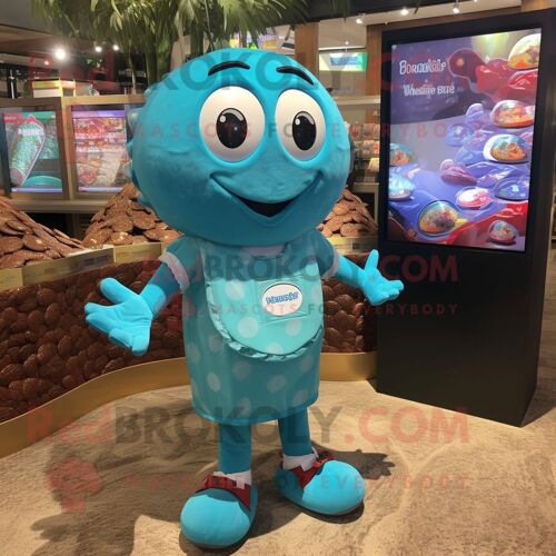 Personnage De Costume De Mascotte Redbrokoly De Chocolats Turquoise Habillé D'un Short De Bain Et De Porte-Monnaie