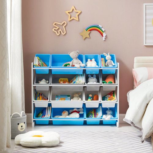 Meuble De Rangement Enfant - 4 Niveaux - 16 Bacs - Blanc, Bleu Et Gris