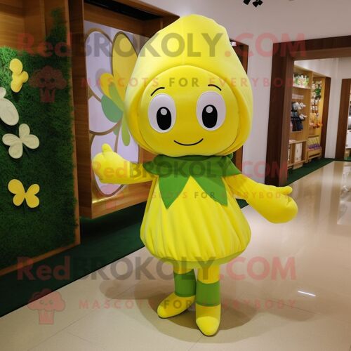 Personnage De Costume De Mascotte Redbrokoly De Trèfle À Quatre Feuilles Jaune Citron Habillé D'un Legging Et De Châles