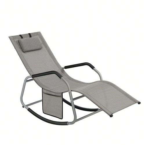 Chaise Longue À Bascule Avec Butées Anti-Renversement, Appui-Tête Réglable, Tissu Respirant, Pochette, 151 X 56 X 90 Cm, Gris Tourterelle
