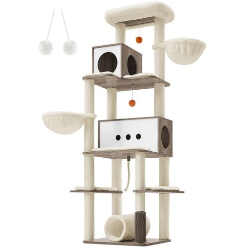Arbre À Chat, Tour De Jeux Moderne De 197 Cm, Multi-Niveaux, Avec 2 Niches, 2 Paniers, 4 Griffoirs, Toiletteur, Tunnel, Plate-Forme, Grège Chiné