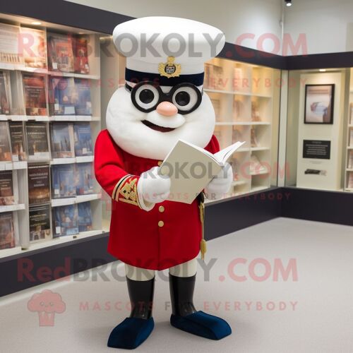 Personnage De Costume De Mascotte Redbrokoly De La Garde Royale Britannique Crème Habillé D'une Robe De Bal Et De Lunettes De Lecture