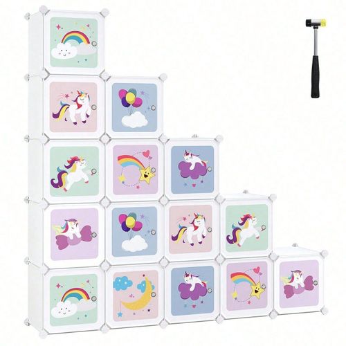 Meuble Rangement Enfant 16 Cubes, Armoire Modulable Avec Portes, 123 X 31 X 123 Cm, Blanc