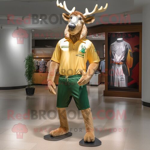 Personnage De Costume De Mascotte Redbrokoly De Wapiti Irlandais Doré Habillé D'un Bermuda Et De Broches