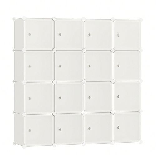 Meuble De Rangement Modulable, 16 Cubes, Étagère En Plastique, Avec Portes, Assemblage Facile, Blanc Crème