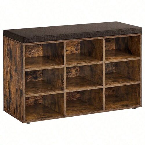 Banc à chaussures, Étagère à chaussures avec coussin et 9 compartiments, 30,3 x 78,5 x 48 cm, Marron Rustique