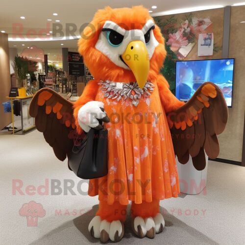 Personnage De Costume De Mascotte Redbrokoly D'aigle Orange Habillé D'une Robe Longue Et De Sacs Messenger