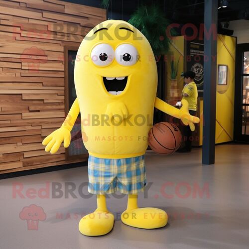 Personnage De Costume De Mascotte Redbrokoly De Ballon De Basket-Ball Jaune Citron Habillé D'une Chemise En Flanelle Et De Coussinets Pour