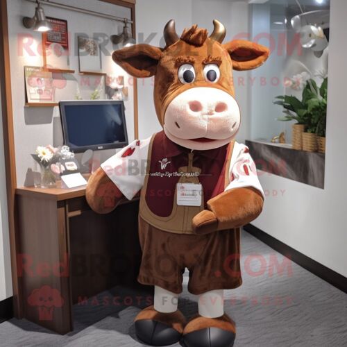 Personnage De Costume De Mascotte Redbrokoly De Vache Brune De Guernesey Habillé D'une Chemise Oxford Et De Porte-Monnaie