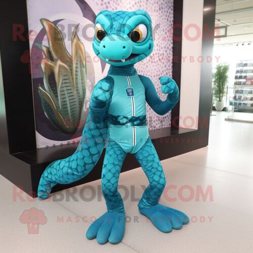 Mascotte Redbrokoly De Personnage De Python Turquoise Vêtu D'un Legging Et De Ceintures