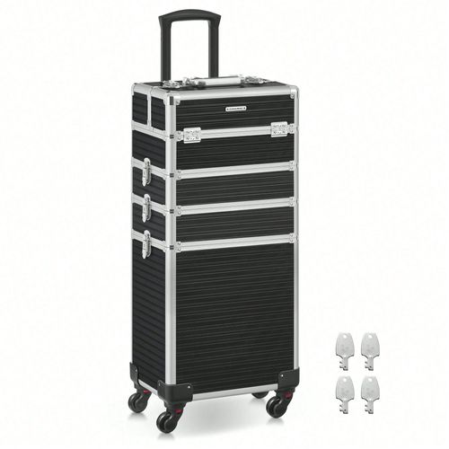 Valise de maquillage Professionnel 4-en-1, Mallette Cosmétique, XXL, 34 x 24 x 79,3 cm, Verrouillable, roulettes à 360°, Noir