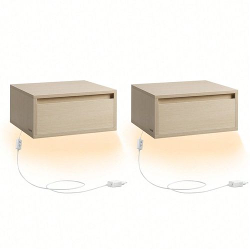 Tables De Chevet Suspendues, Lot De 2, Lumière 3 Couleurs, Étagère Murale Tiroir, 35 X 40 X 18 Cm, Style Moderne, Pour Chambre, Salon, Beige Naturel