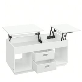 Table Basse, Table de salon Relevable avec 2 Tiroirs et compartiments Cachés, compartiments Ouverts, pour salon, Bureau à domicile, Blanc Neige