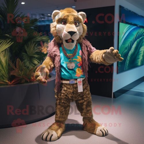 Personnage De Costume De Mascotte Redbrokoly Smilodon Habillé D'un Bermuda Et D'anneaux
