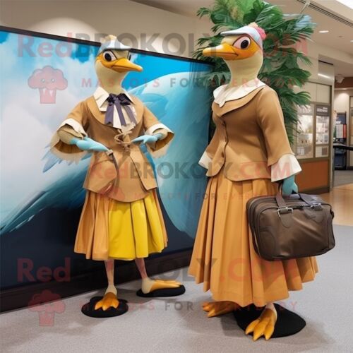Personnage De Costume De Mascotte Redbrokoly Pigeon Passager Doré Habillé D'une Jupe Longue Et De Sacs Messenger