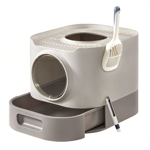 Bac À Litière, Pour Chat Xxl, Avec Couvercle, Oatmeal Et Gris Chaud