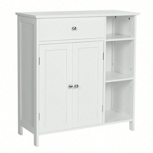 Armoire De Salle De Bain Avec Tiroir, 3 Compartiments Ouverts, 2 Portes, 75 X 30 X 80 Cm, Blanc Mat