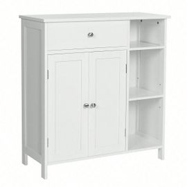 Armoire De Salle De Bain Avec Tiroir, 3 Compartiments Ouverts, 2 Portes, 75 X 30 X 80 Cm, Blanc Mat
