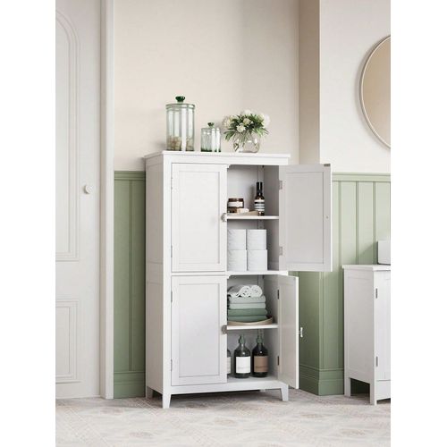 Armoire De Salle De Bain, Avec 4 Portes, Étagères Réglables, 60 X 30 X 110 Cm, Blanc