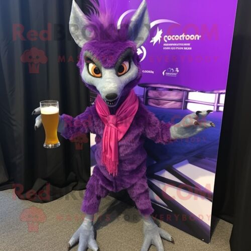Personnage De Costume De Mascotte Redbrokoly Chupacabra Violet Habillé D'une Robe De Cocktail Et De Clips D'écharpe