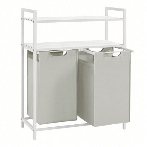 Panier à linge, Rangement 2 compartiments, 2 Sacs Amovibles en tissu Oxford, 2 Étagères, 46L pour chaque Sac, Blanc